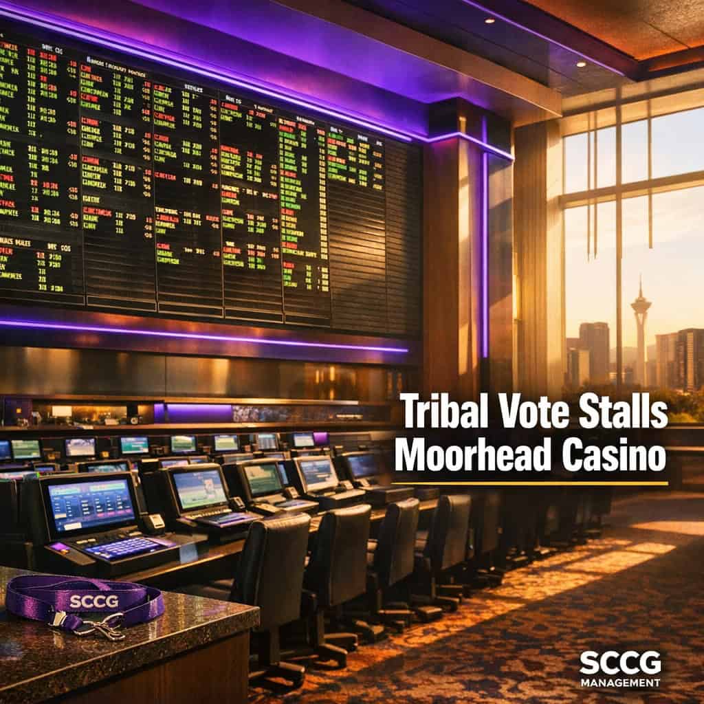 Large glowing sportsbook odds board above active betting terminals on a brightly lit casino floor.