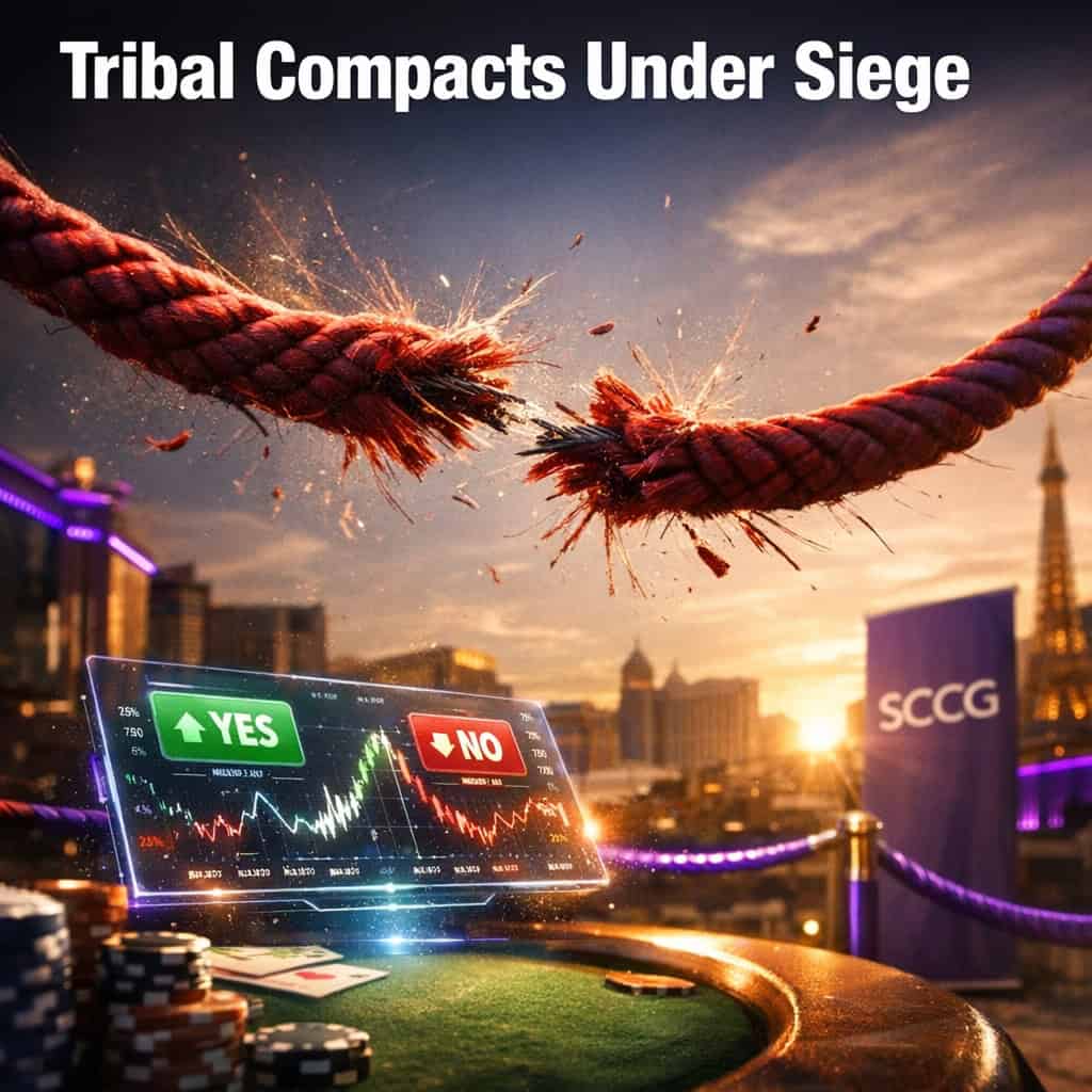 A velvet rope snaps taut across a glowing prediction market interface on tribal land.