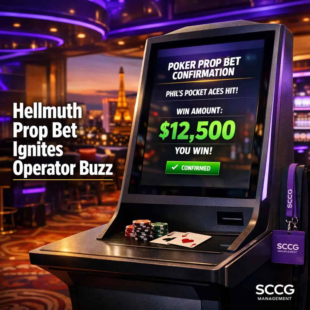 A self-service betting terminal screen on a bright casino floor confirms a large poker prop bet win in green.
