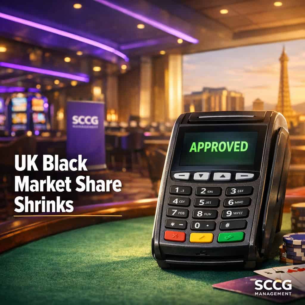 A payment terminal screen on a casino floor shows an approved transaction under bright daylight.