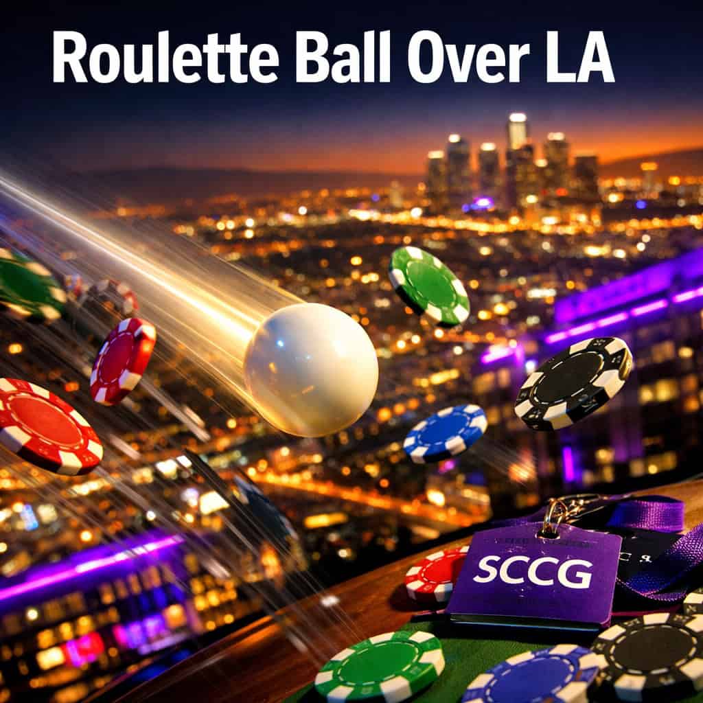 A roulette ball streaks across a glowing Los Angeles map while colorful betting chips scatter in its wake under dramatic city lights.