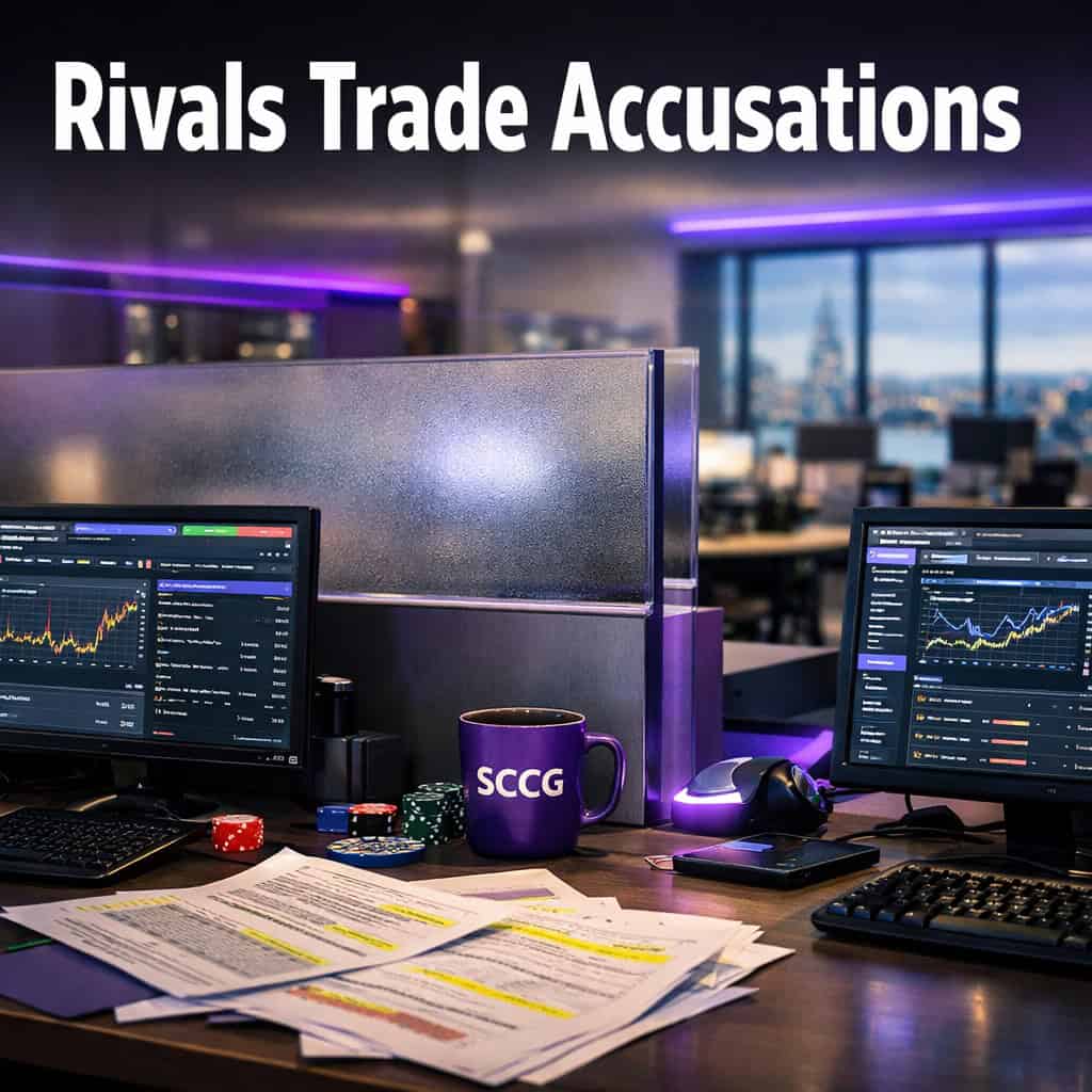 Two rival prediction market trading desks separated by a glass partition with overlapping screens and documents visible.