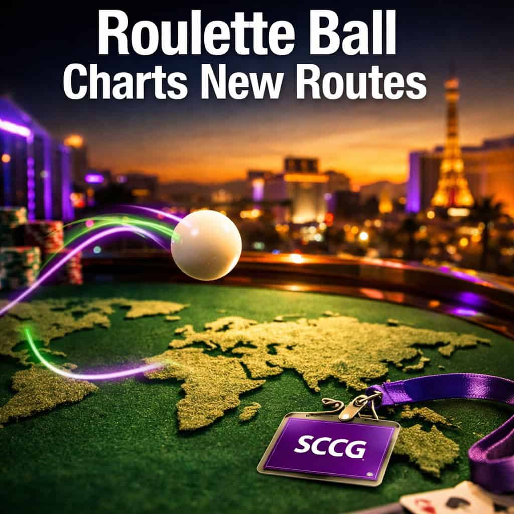 A glowing roulette ball arcs mid-flight above a sprawling world map etched into dark felt, trails of light marking its path across continents.