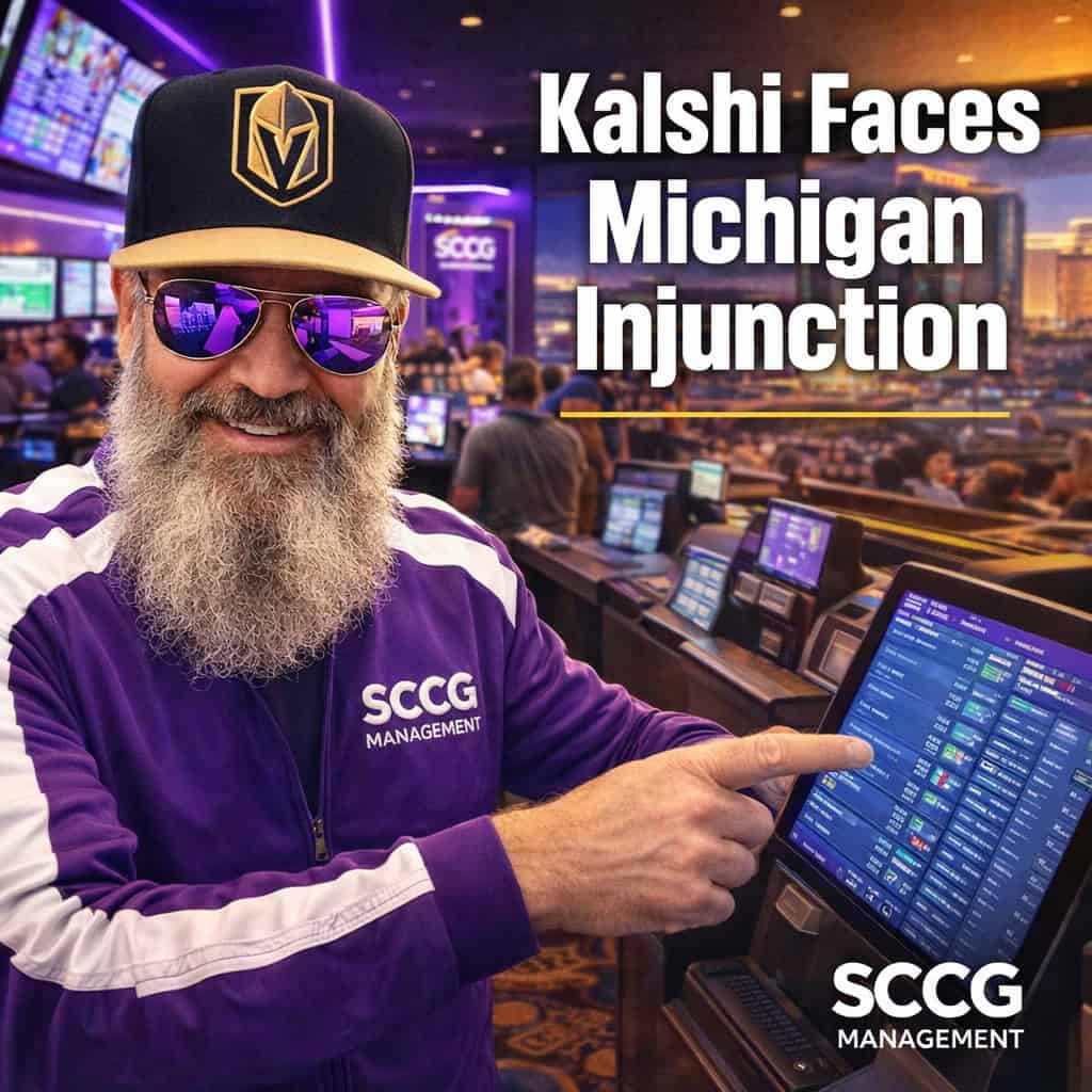A man in an SCCG purple track jacket points at a sportsbook kiosk screen showing sports event contracts on a bright casino floor.