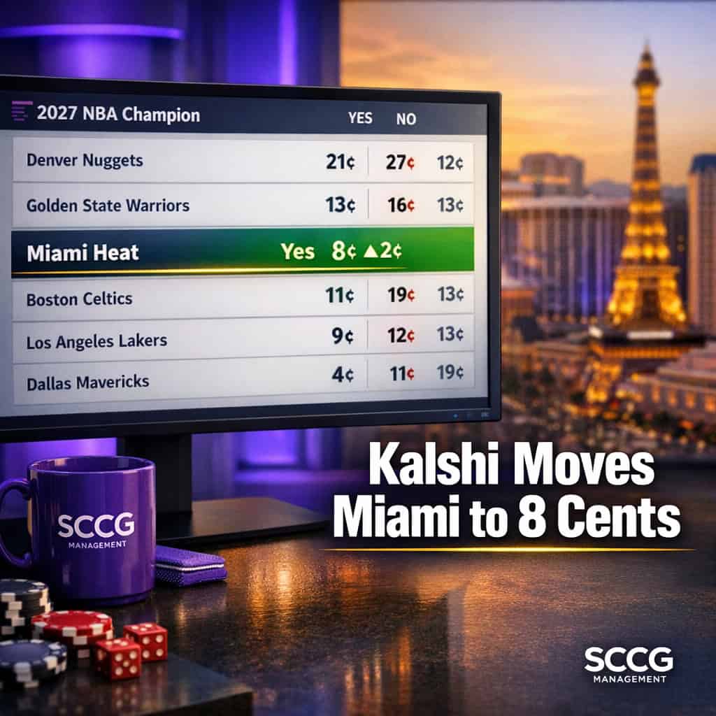Kalshi trading terminal screen showing the Miami Heat 2027 NBA Champion contract priced at 8 cents with a green upward arrow.