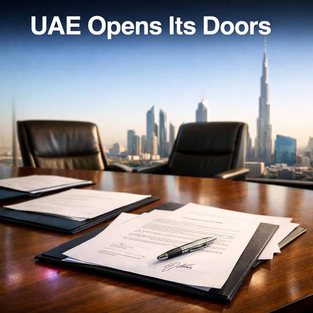 A modern UAE conference room table with signed licensing documents and a city skyline visible through large windows.