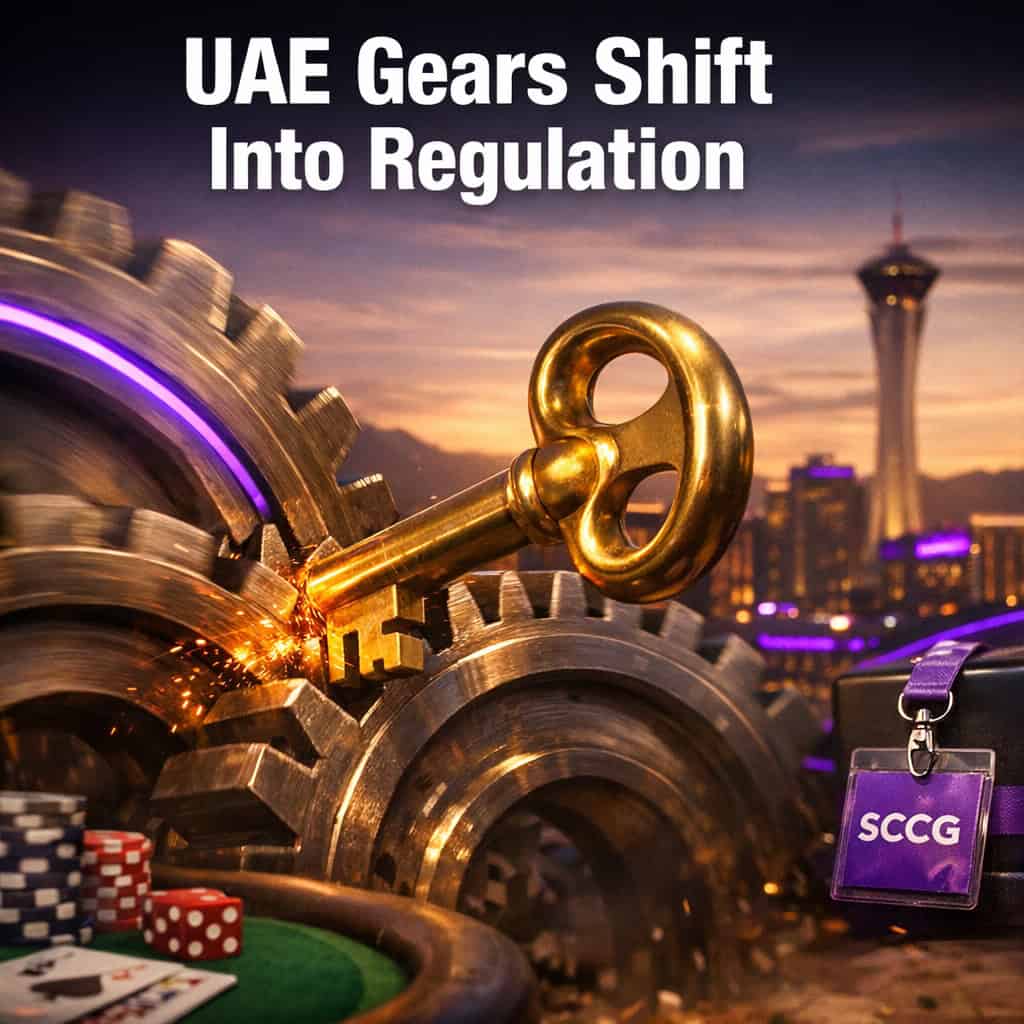 A massive gold key turning inside oversized mechanical gears that are beginning to mesh and spark with energy, all under a desert sky at dusk.