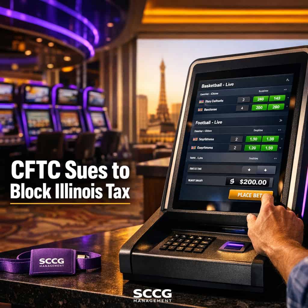 A self-service betting kiosk on a bright casino floor shows live sports event contracts as a hand places a wager at the terminal.