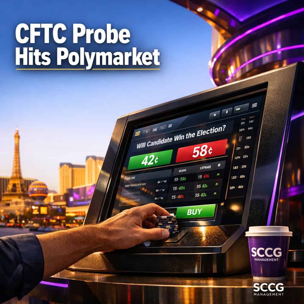 A hand places a live bet on a prediction-market terminal displaying election contract odds on a bright casino concourse.