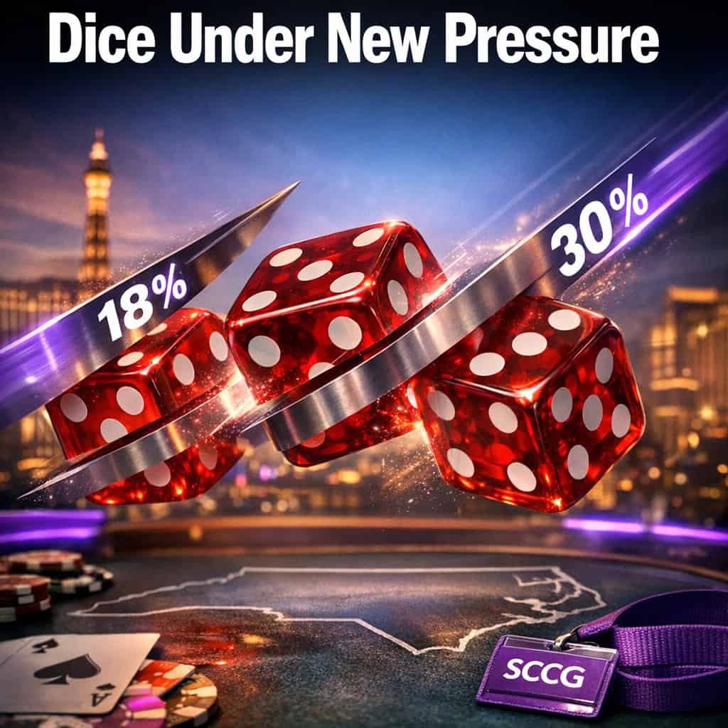 Dice frozen mid-air above North Carolina state outline with tax-rate arrows cutting through.