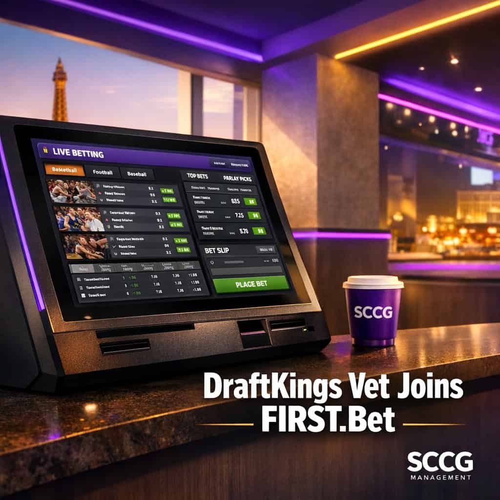 Modern sportsbook terminal screen showing live odds and active betting markets under bright directional lighting.