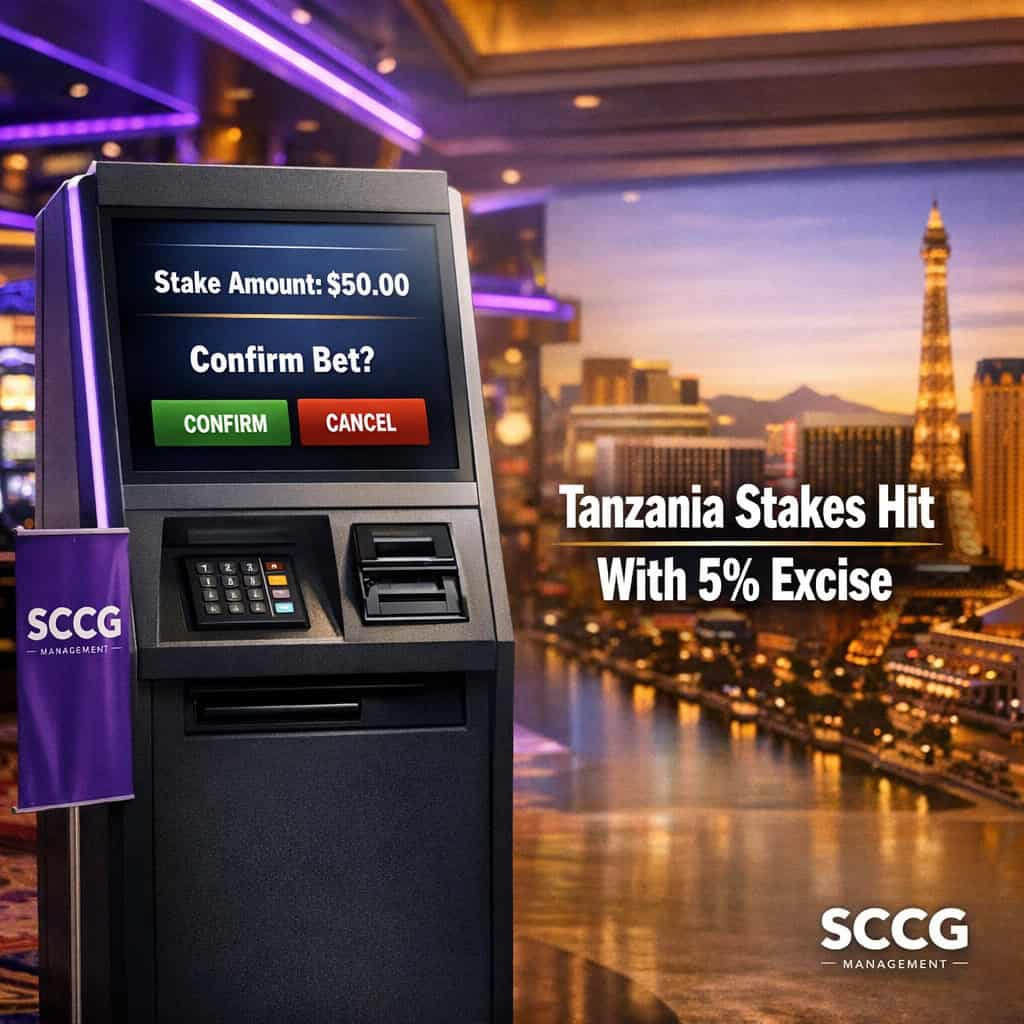 Self-service betting terminal on a casino floor showing the stake amount ready for confirmation under bright daylight.