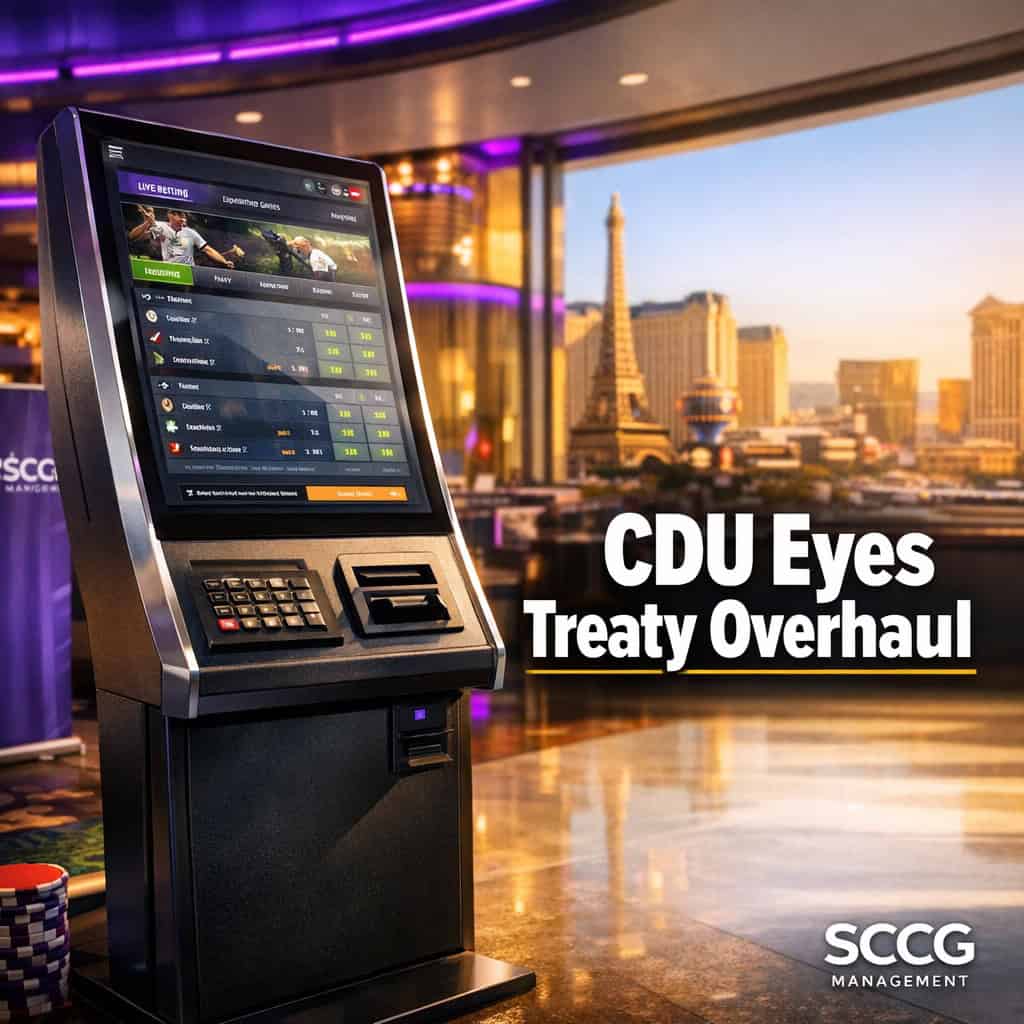 Self-service betting terminal on a bright casino concourse showing an active sports betting interface.