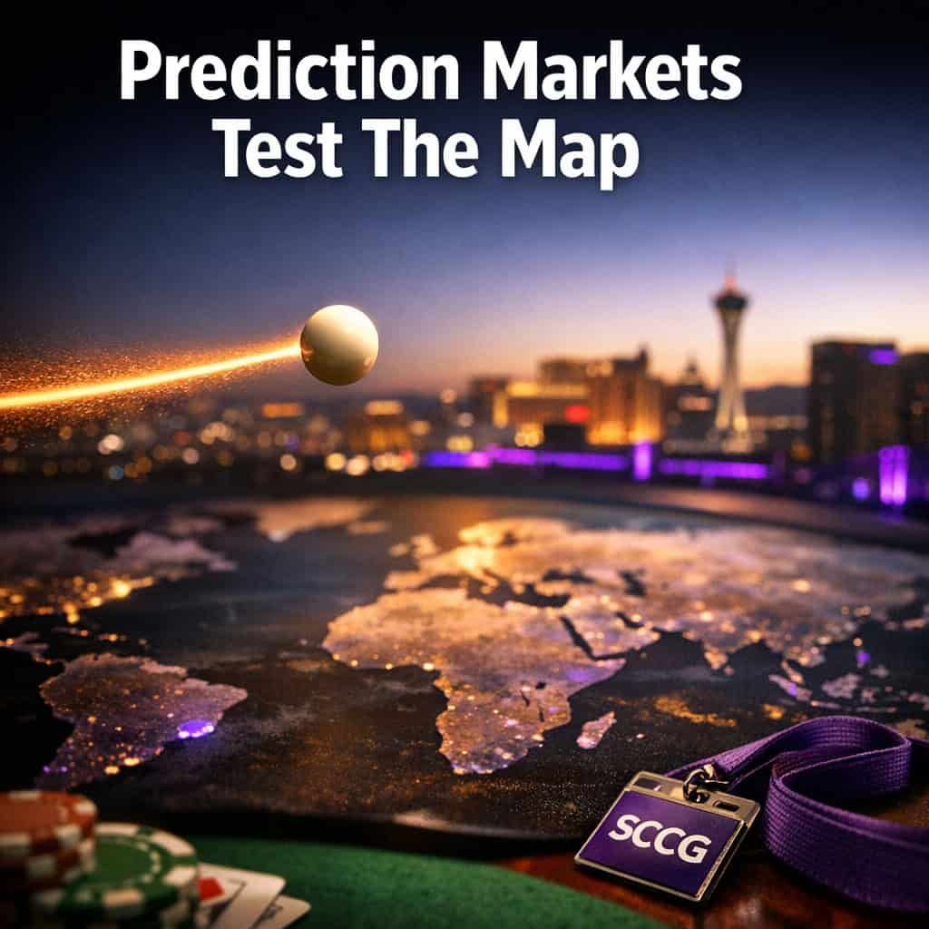 A roulette ball mid-flight leaves a glowing trail across a vast world map, tracing unpredictable paths between distant cities.