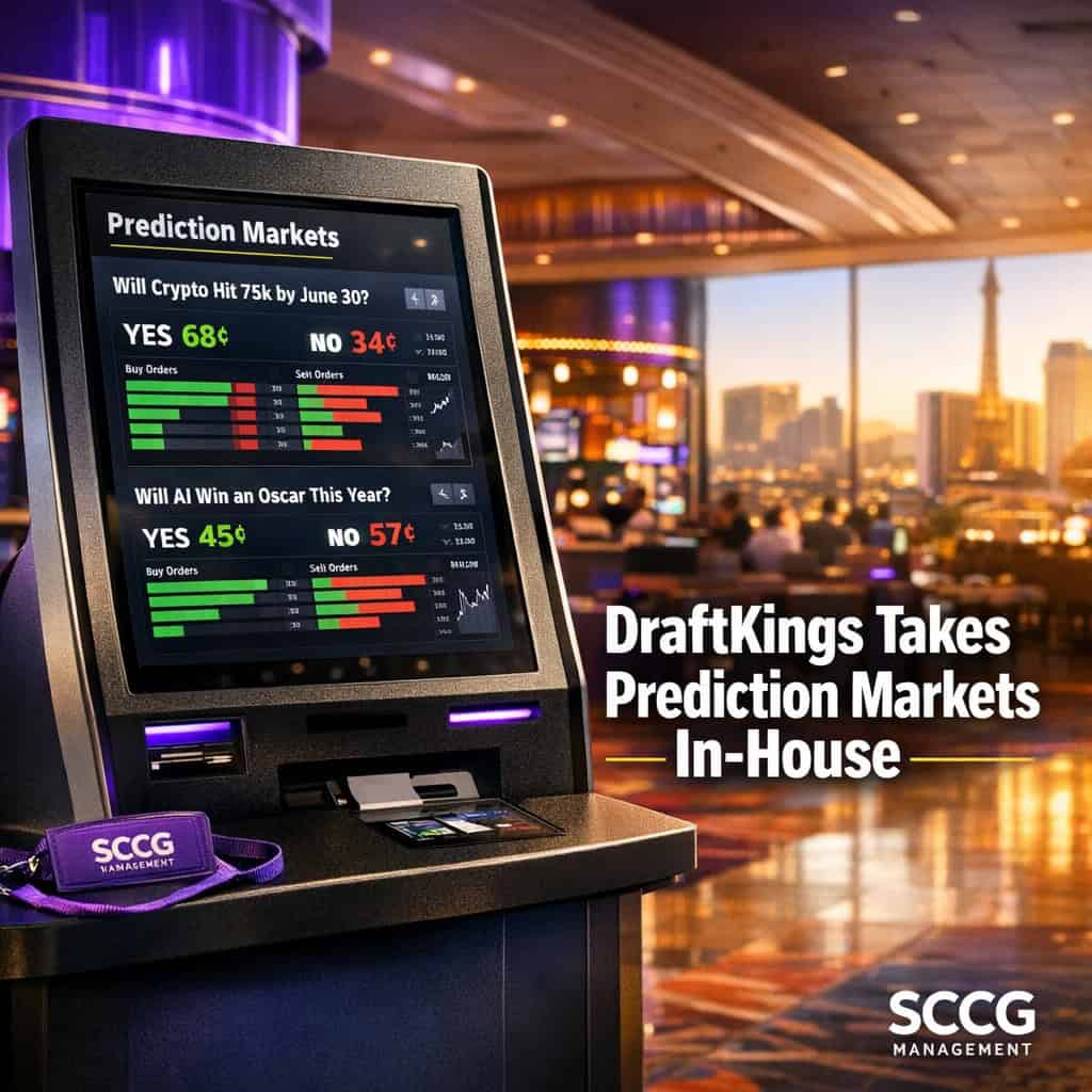 A DraftKings betting kiosk on a sunlit casino floor displays the DKeX prediction market interface with live contracts and active order flow.