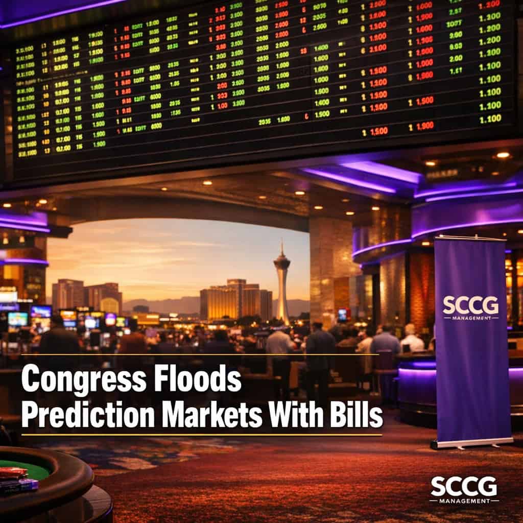 A glowing sportsbook odds board displays live prediction market lines above a busy casino floor.