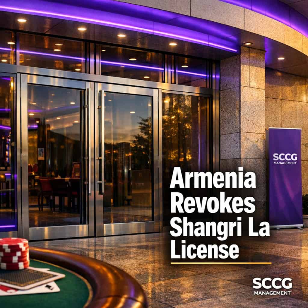 Exterior view of the closed Shangri La Casino entrance in bright daylight, highlighting the regulatory shutdown of Armenia's largest gaming venue.
