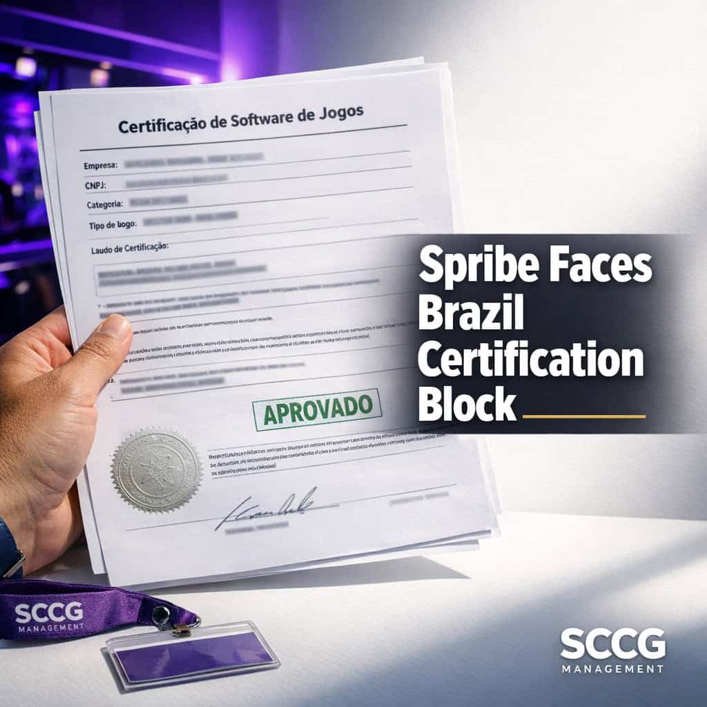 Brazilian regulatory certification document for online gaming software displayed against bright white background under strong daylight.