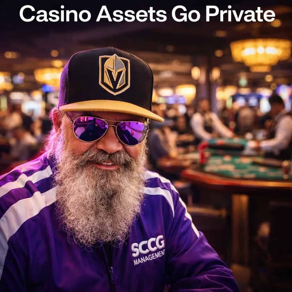 Steve in a cap and sunglasses stands before the glowing MGM casino floor with gaming tables and patrons in motion under warm rim lighting.