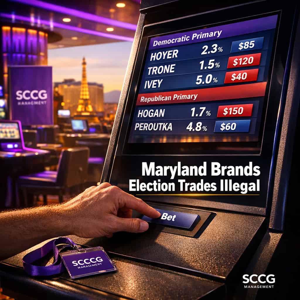 Self-service betting kiosk on a bright casino concourse showing a Maryland election contract on its screen.