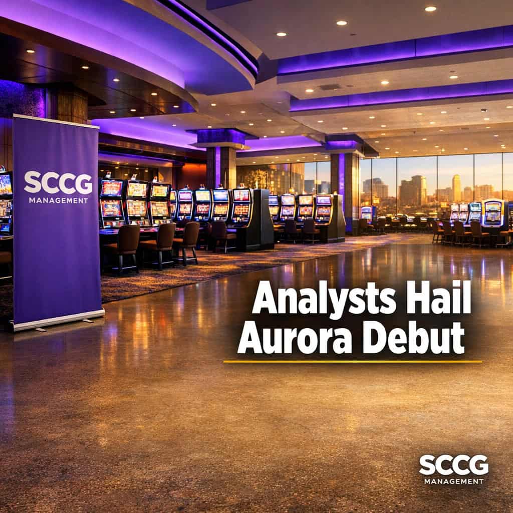 Newly opened Hollywood Aurora casino floor filled with glowing slot machines under bright daylight.
