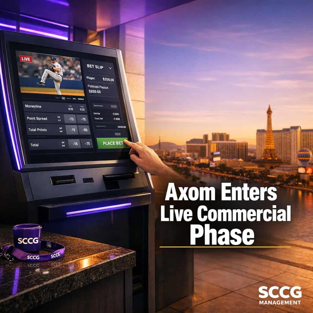 A self-service sports betting terminal on a bright concourse displays live odds and processes an active wager during commercial operation.