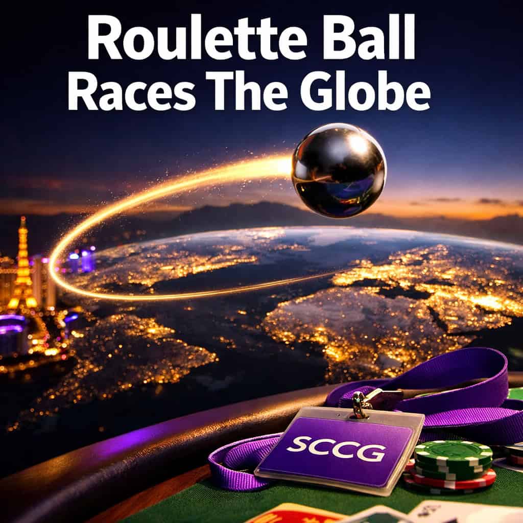 A roulette ball streaks across a glowing world map while city lights pulse beneath.