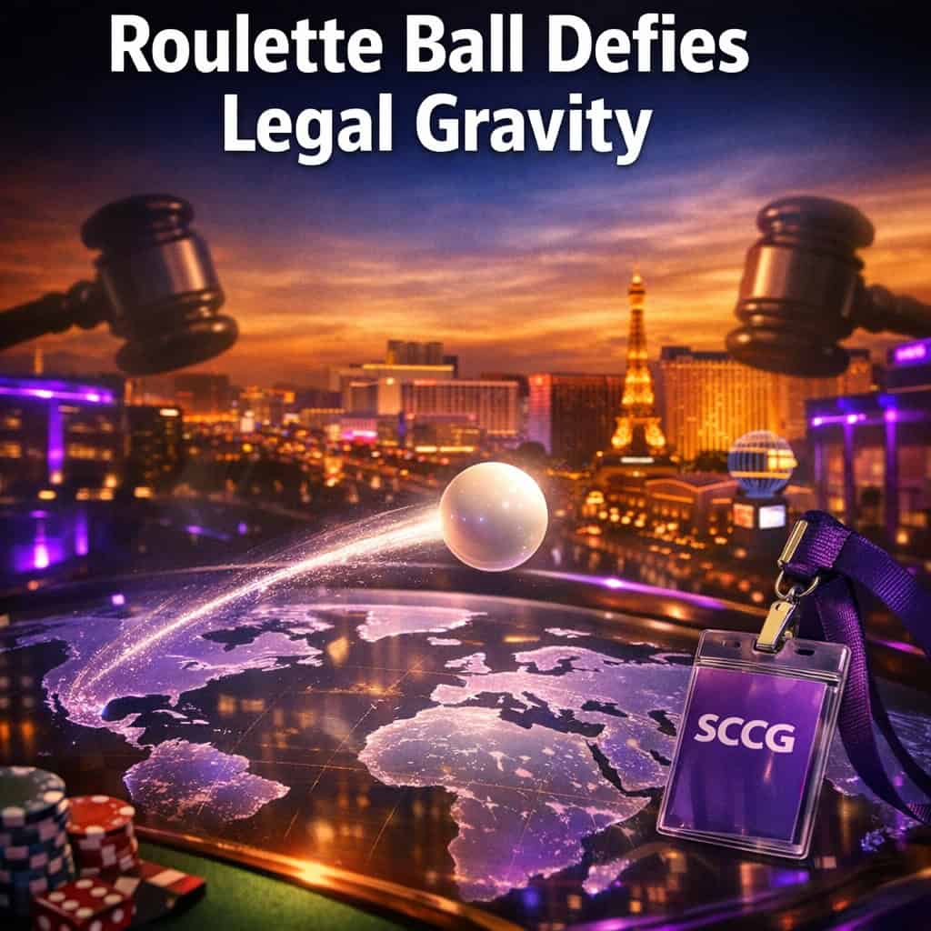 A glowing roulette ball streaks across a luminous world map while faint legal gavel silhouettes hover at the edges under dramatic sky contrast.