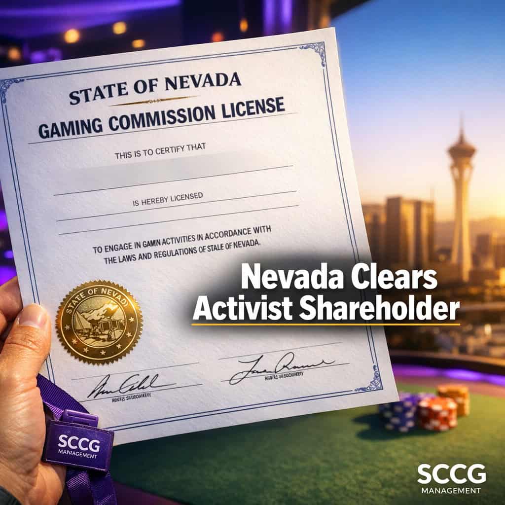 Nevada gaming commission license certificate held up in bright daylight, conveying official regulatory approval.
