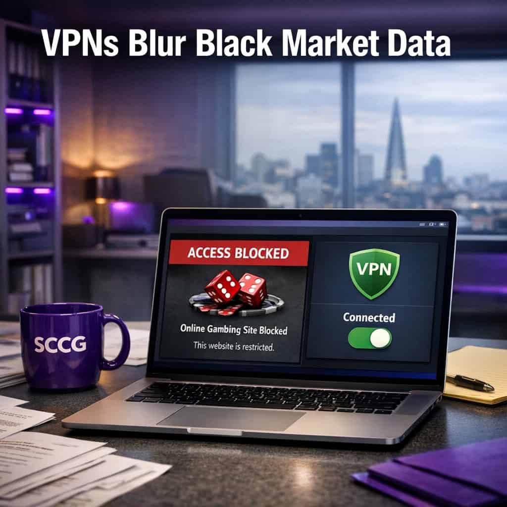 A close-up of a laptop screen showing a blocked gambling site with a VPN toggle active on a desk in a regulatory office.