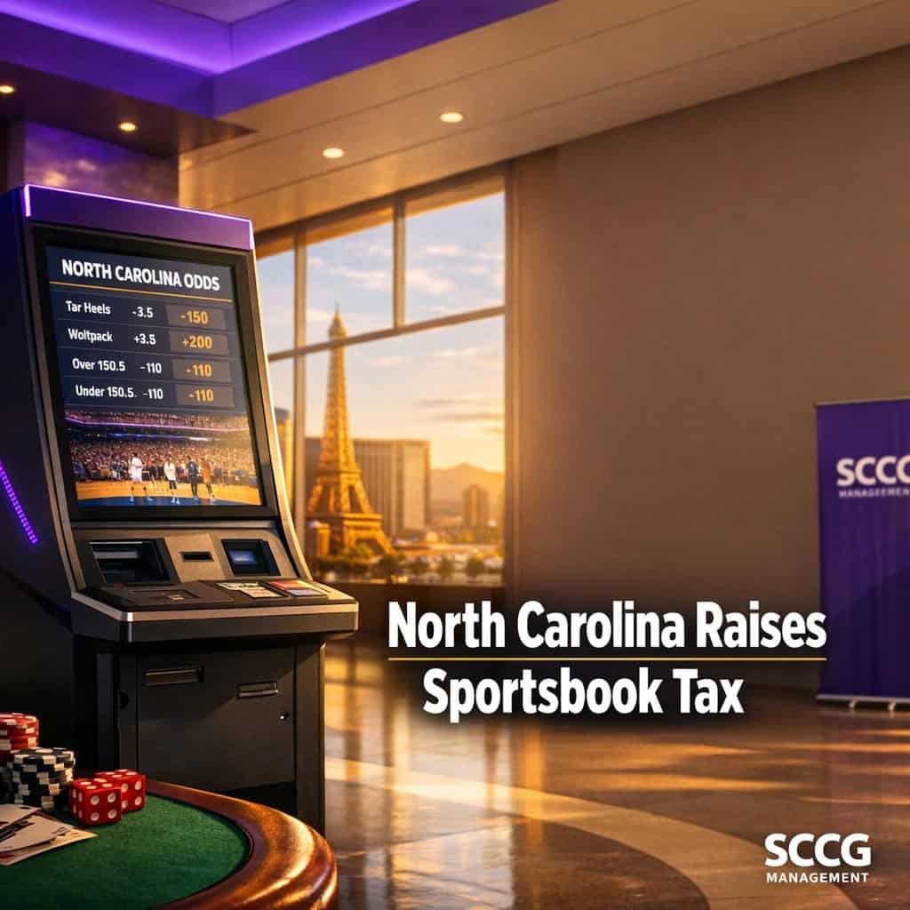 Self-service sports betting terminal on a sunlit concourse displaying live North Carolina odds.