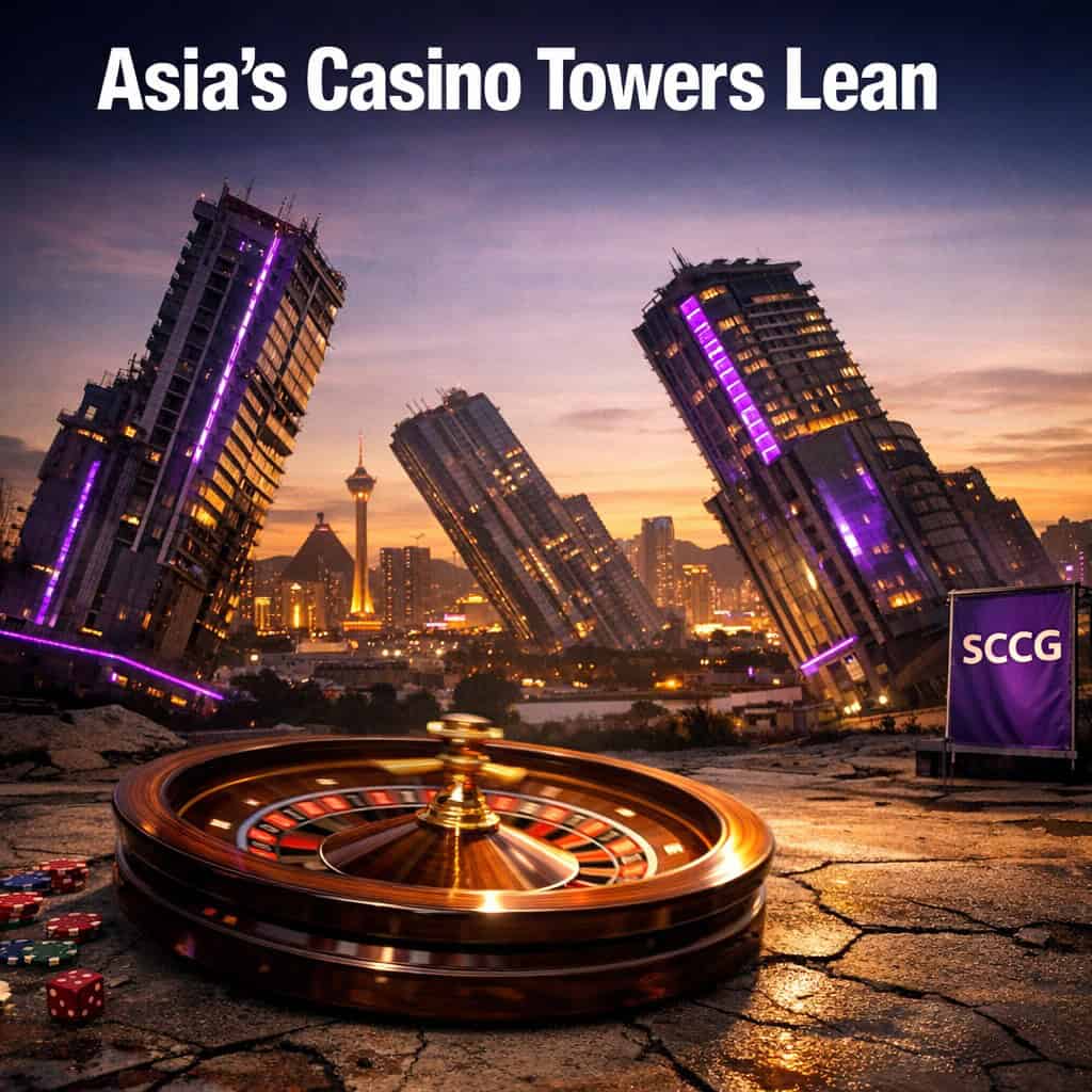 Crumbling casino towers loom over a vast empty skyline as a single roulette wheel spins alone in the foreground.