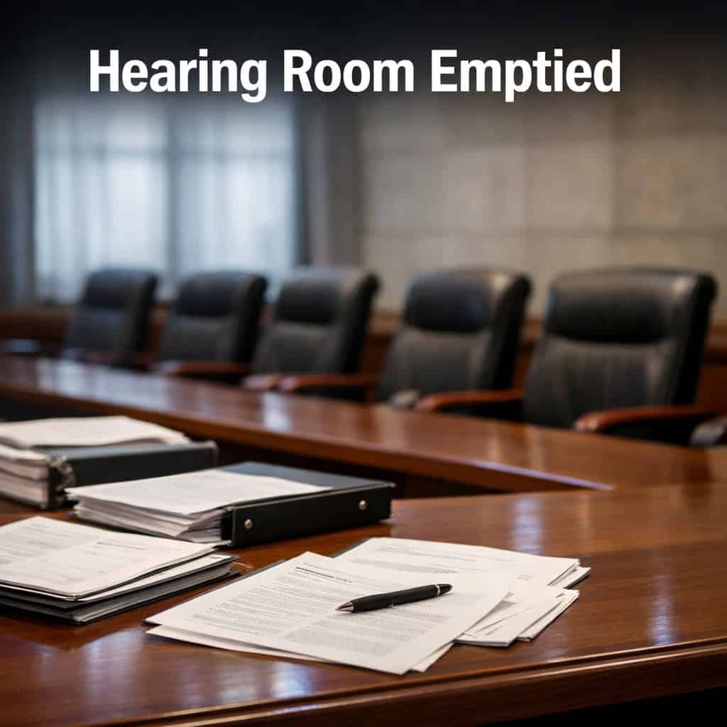 Empty modern regulatory hearing room with long wooden table, scattered official documents, and empty leather chairs under cool overcast daylight.