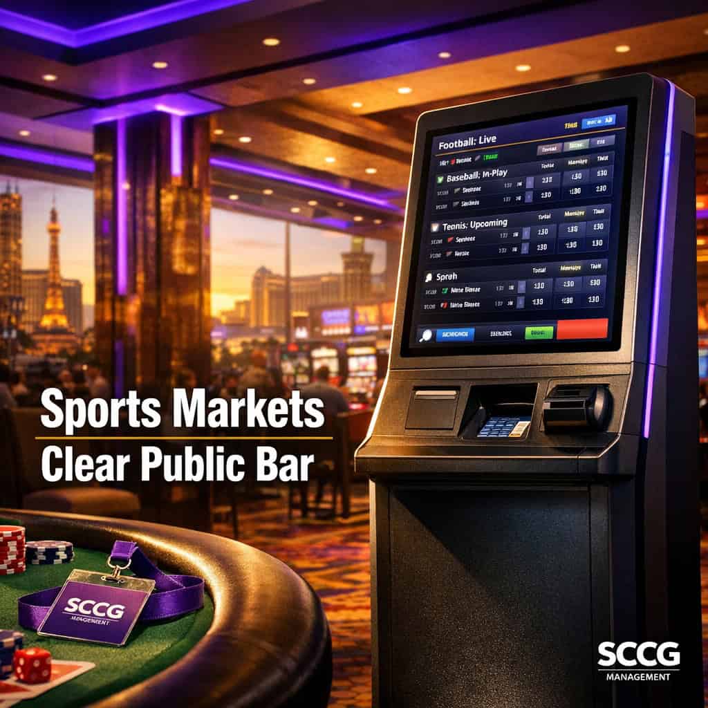 A self-service sports betting terminal screen shows live sports event contracts and odds on a bright casino floor.