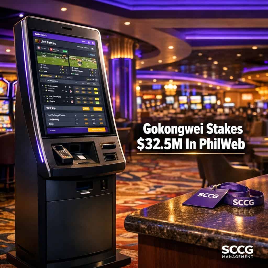 Self-service betting terminal on a Philippine casino floor displays a live sports-betting interface under bright directional light.
