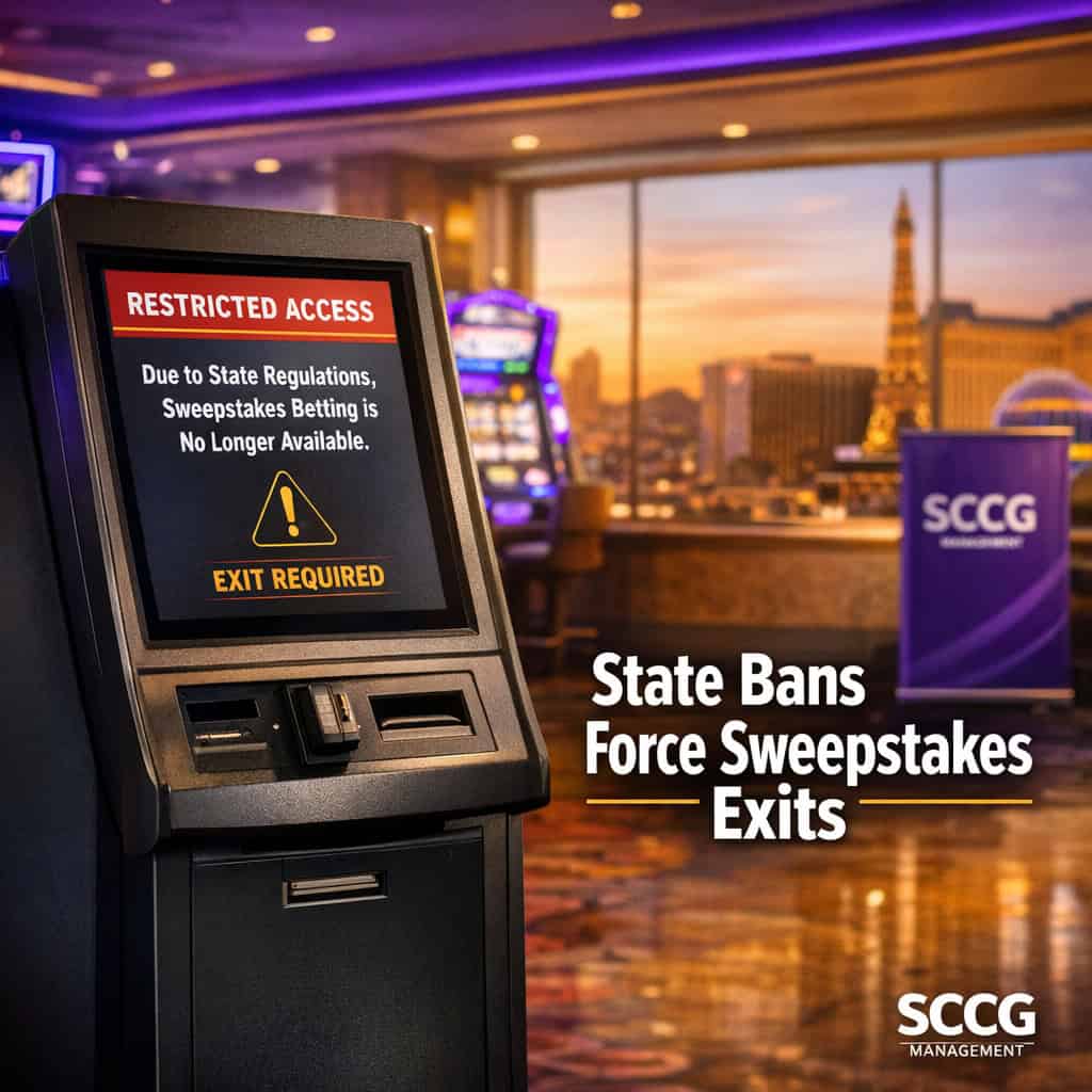 Self-service betting kiosk on a busy casino floor showing a restricted-state notification under bright directional light.