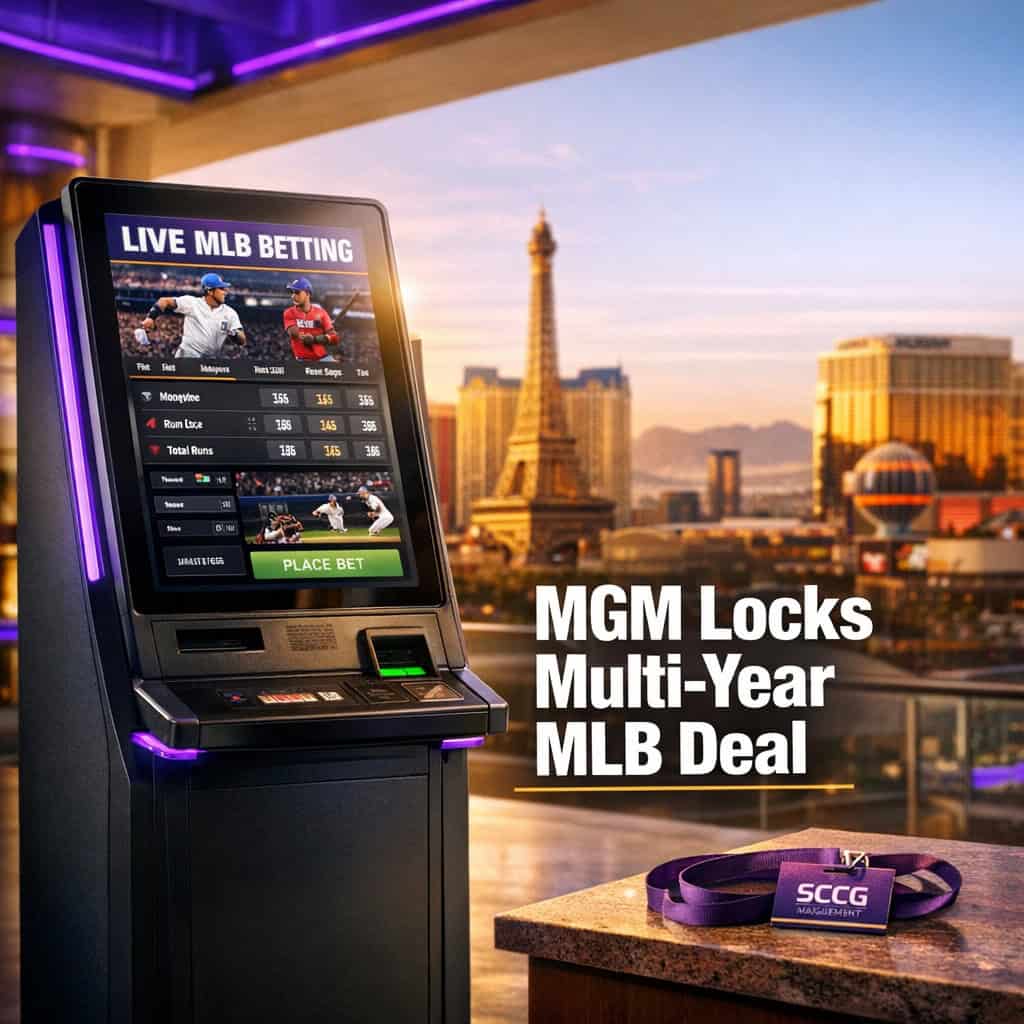 Self-service betting terminal on a bright concourse displays live MLB betting interface in sharp daylight.