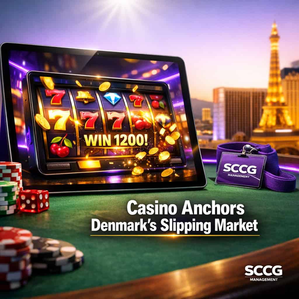 Tablet screen displaying an active online casino slot game with spinning reels and win indicators under bright studio lighting.