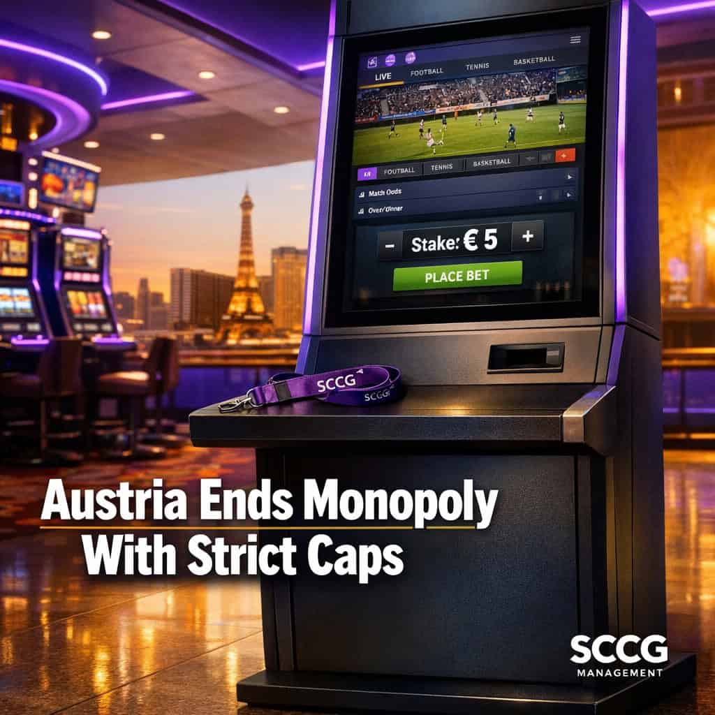 Modern self-service betting terminal on a brightly lit casino floor showing a live sports betting screen with stake input at €5.