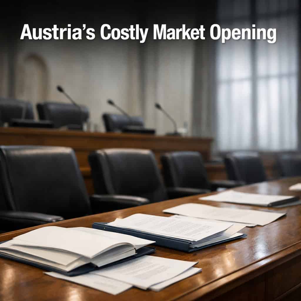 Empty Austrian legislative hearing chamber with polished wood desks, scattered legal documents, and tall windows admitting cool overcast daylight.