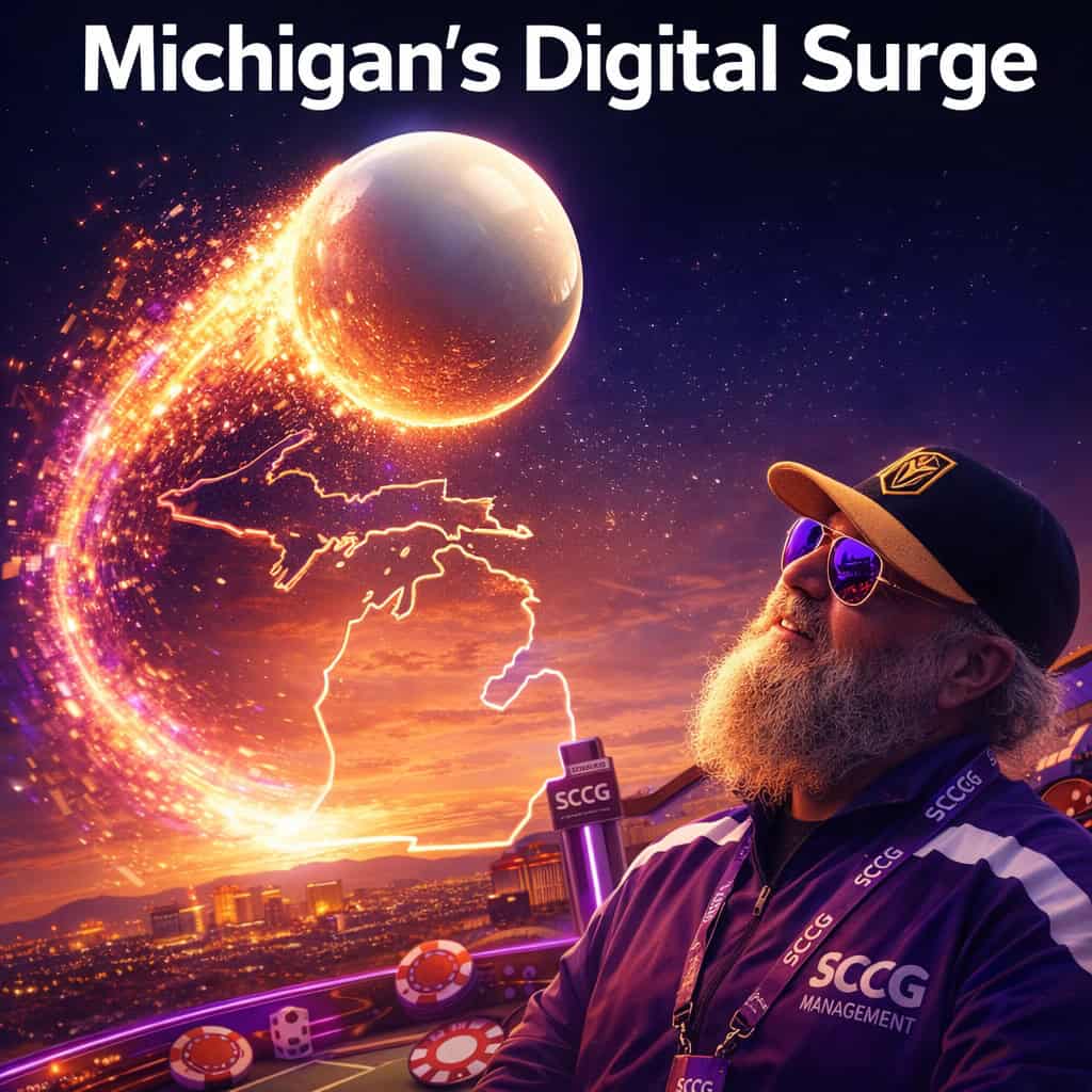 A massive roulette ball arcs across a glowing Michigan map, leaving a trail of exploding digital sparks against a dark sky.