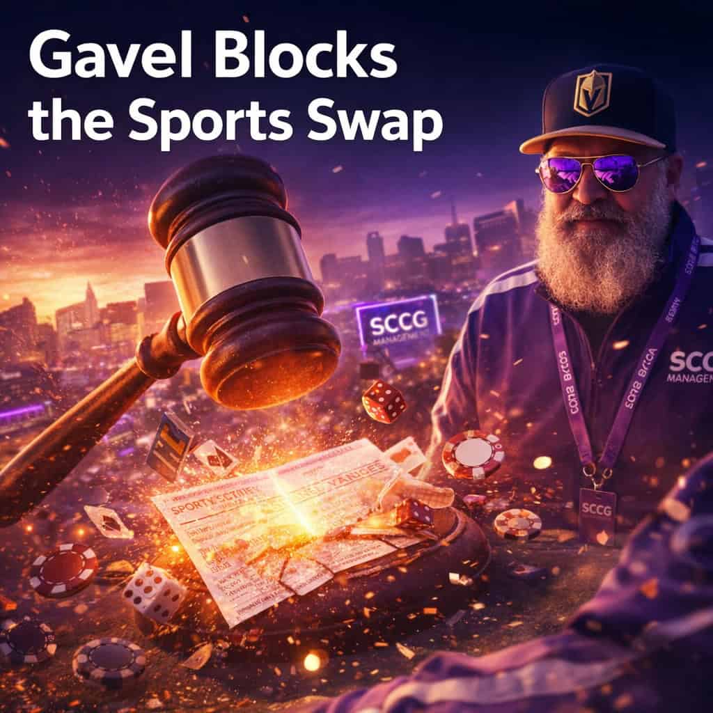 Gary Gensler watches as a gavel strikes a sports betting ticket, sending chips and dice scattering in a powerful regulatory clash.