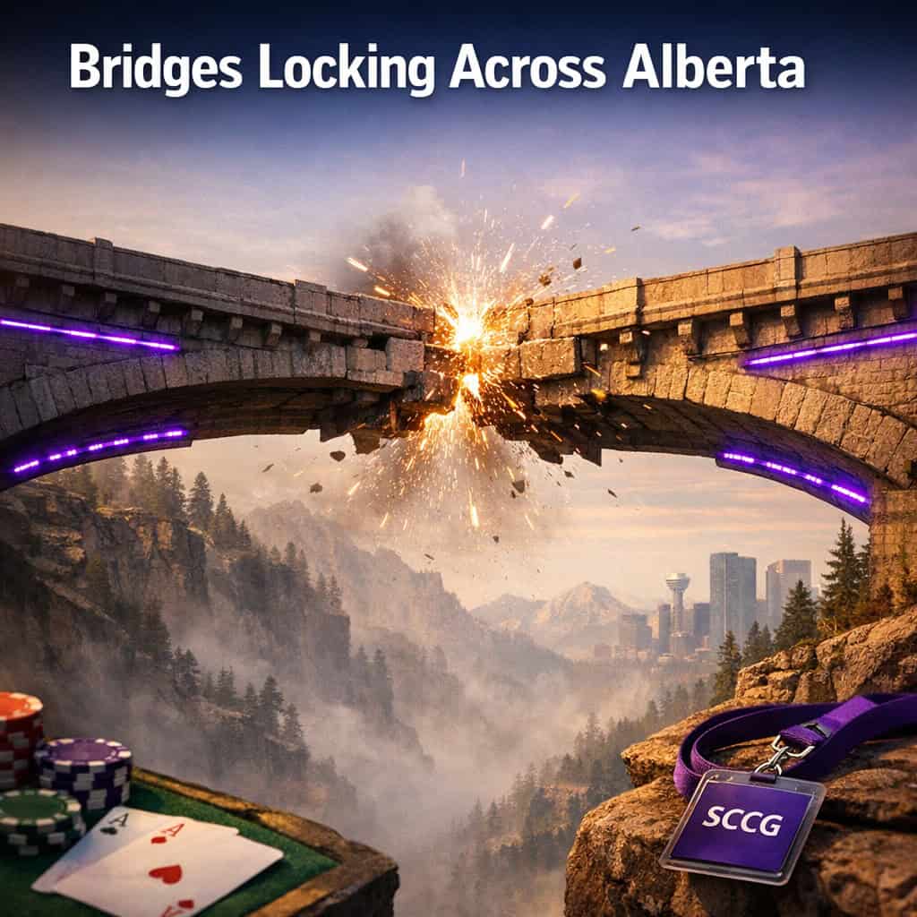 Two ancient stone bridges arching towards each other across a misty canyon until their halves lock together under warm sunrise light.