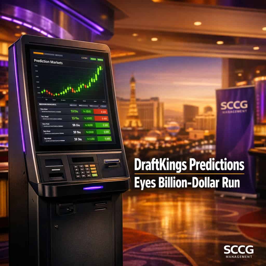 Self-service betting terminal screen shows active prediction-market contracts with upward price chart on a bright casino floor.