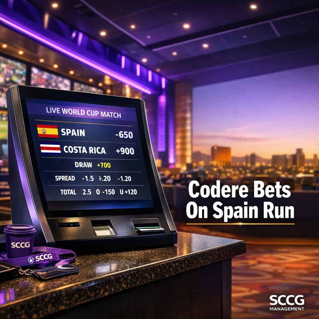 Modern betting terminal displaying Spain World Cup odds on a brightly lit sportsbook floor.