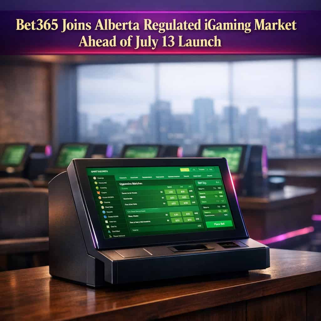 bet365 branding on a modern digital betting terminal inside a sleek Alberta gaming venue ahead of the July 13 iGaming launch.