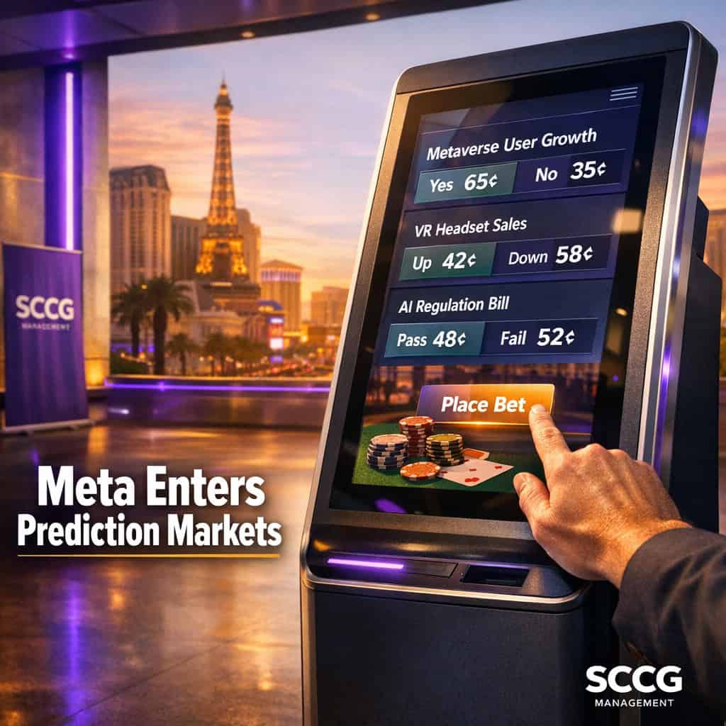 Self-service betting terminal screen shows live prediction market contracts as a hand places a bet.
