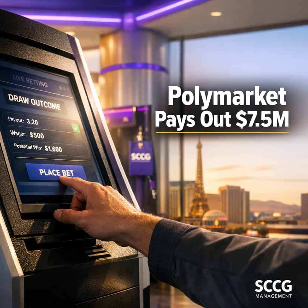 A hand placing a live bet on a self-service terminal showing a World Cup draw contract under bright daylight.