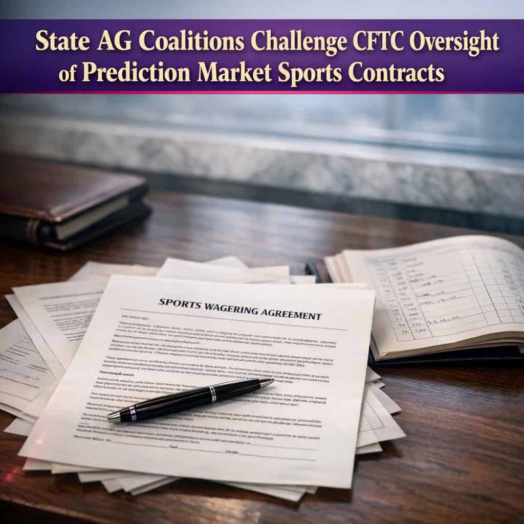Scattered sports betting contracts and financial ledgers on a dark wooden desk under cool overcast daylight, symbolizing regulatory tension over prediction market sports contracts.