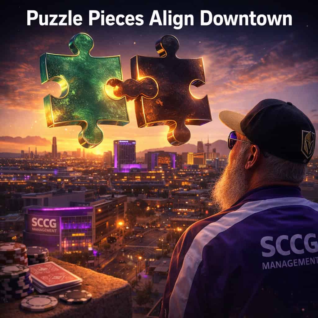 Two massive puzzle pieces locking together above the glowing Water Street skyline at dusk.